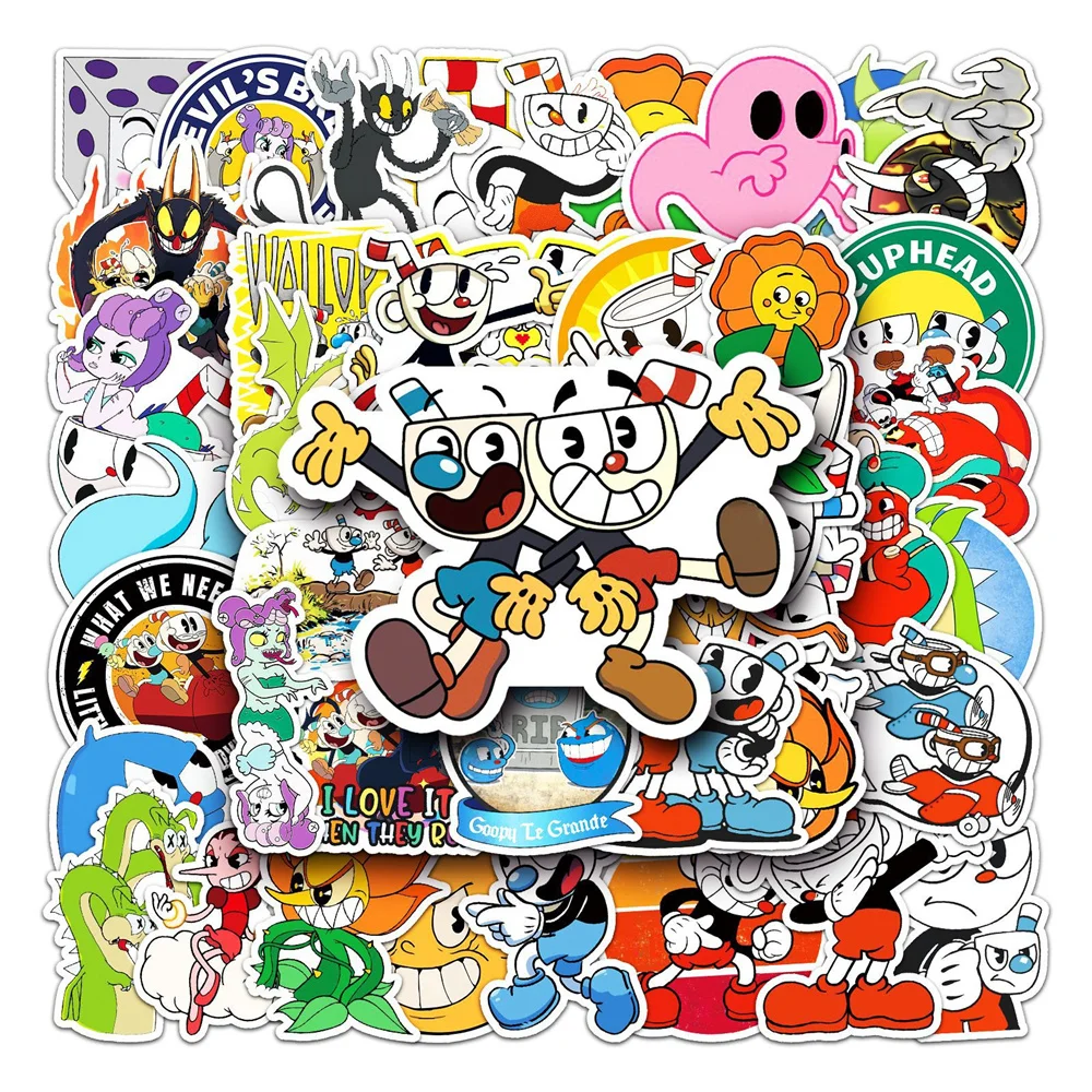 50pcs Game Cuphead Graffiti Stickers For Kids Toys Luggage Laptop Ipad Skateboard Journal Gift Guitar Stickers