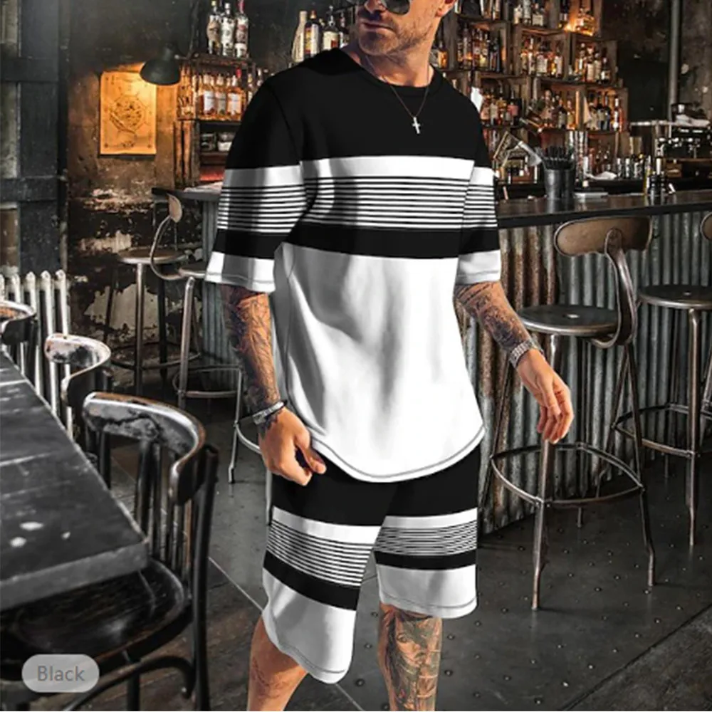 

Summer Fashion Stripe 3D Print T-Shirts Shorts Sets Men Tracksuits Oversized Short Sleeve T Shirt Pants Set Suits Clothing