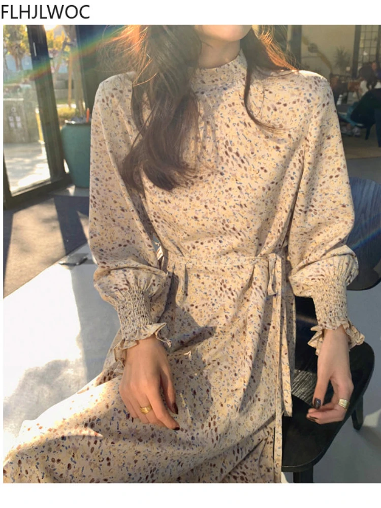 Retro Vintage Floral Printed Long Dress 2022 Autumn Winter Basic Wear Warm Velvet Women Purple Korean Chic Dresses Vestidos