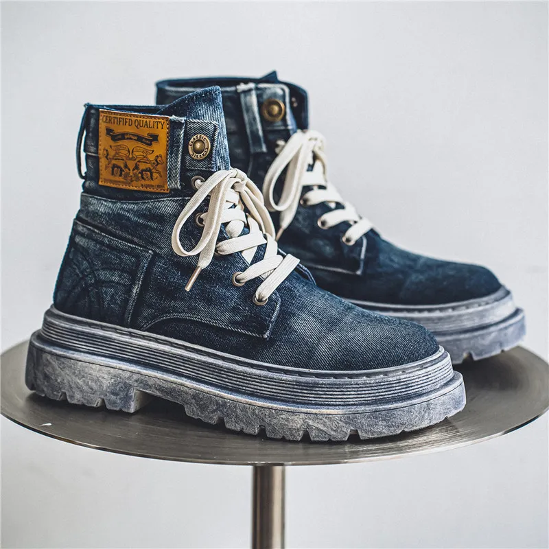 

Retro Blue Men's Cowboy Boots 2025 Street Style Denim Platform Boots Men Comfort Tooling Casual Ankle Boots Men botas masculino