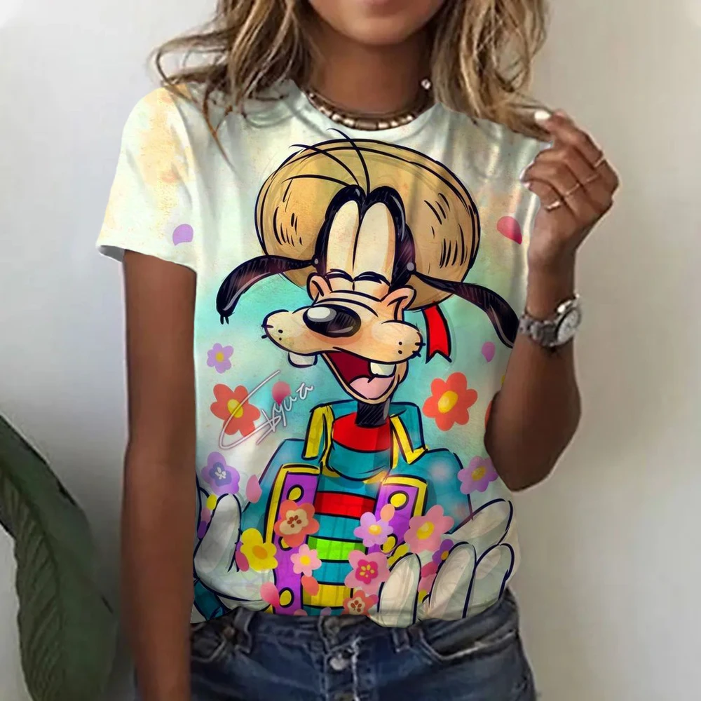 Disney Goofy T-shirt Donna Anime Tee Shirts Cartoni animati Kawaii Abbigliamento casual Moda Cotone Unisex Streetwear Harajuku Top