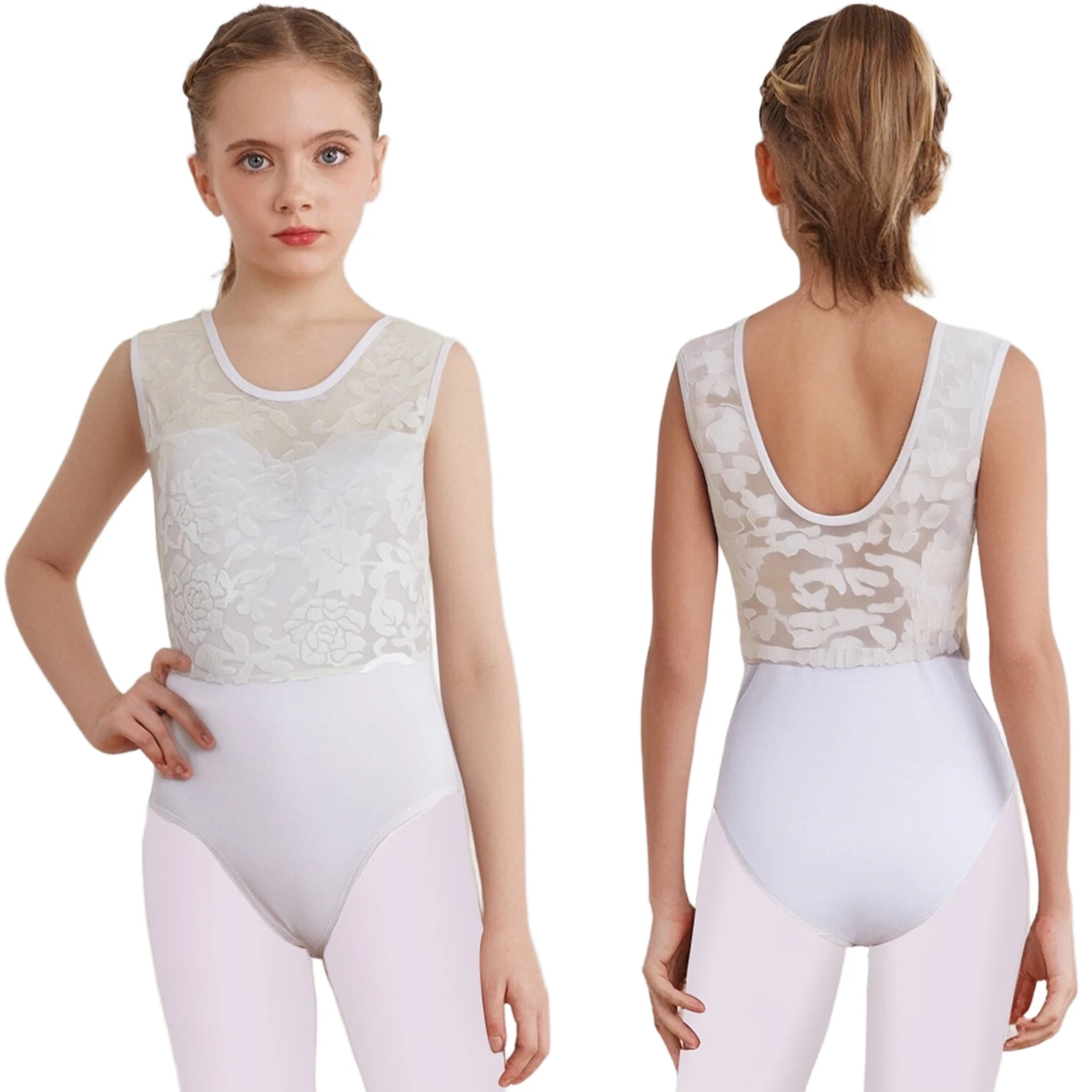 

Kids Girls Lyrical Floral Lace Ballet Dance Performance Leotards Stretchy Sheer Mesh Ballet Gymnastics Acrobatics Dance Outfits