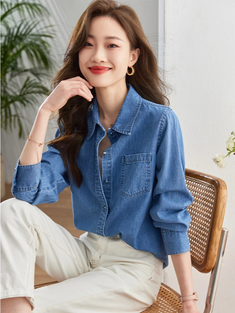 Vimly Vintage Cotton 100% Washed Denim Shirt Women 2024 Spring Fashion Casual Loose Long Sleeve Button Down Shirts & Blouses