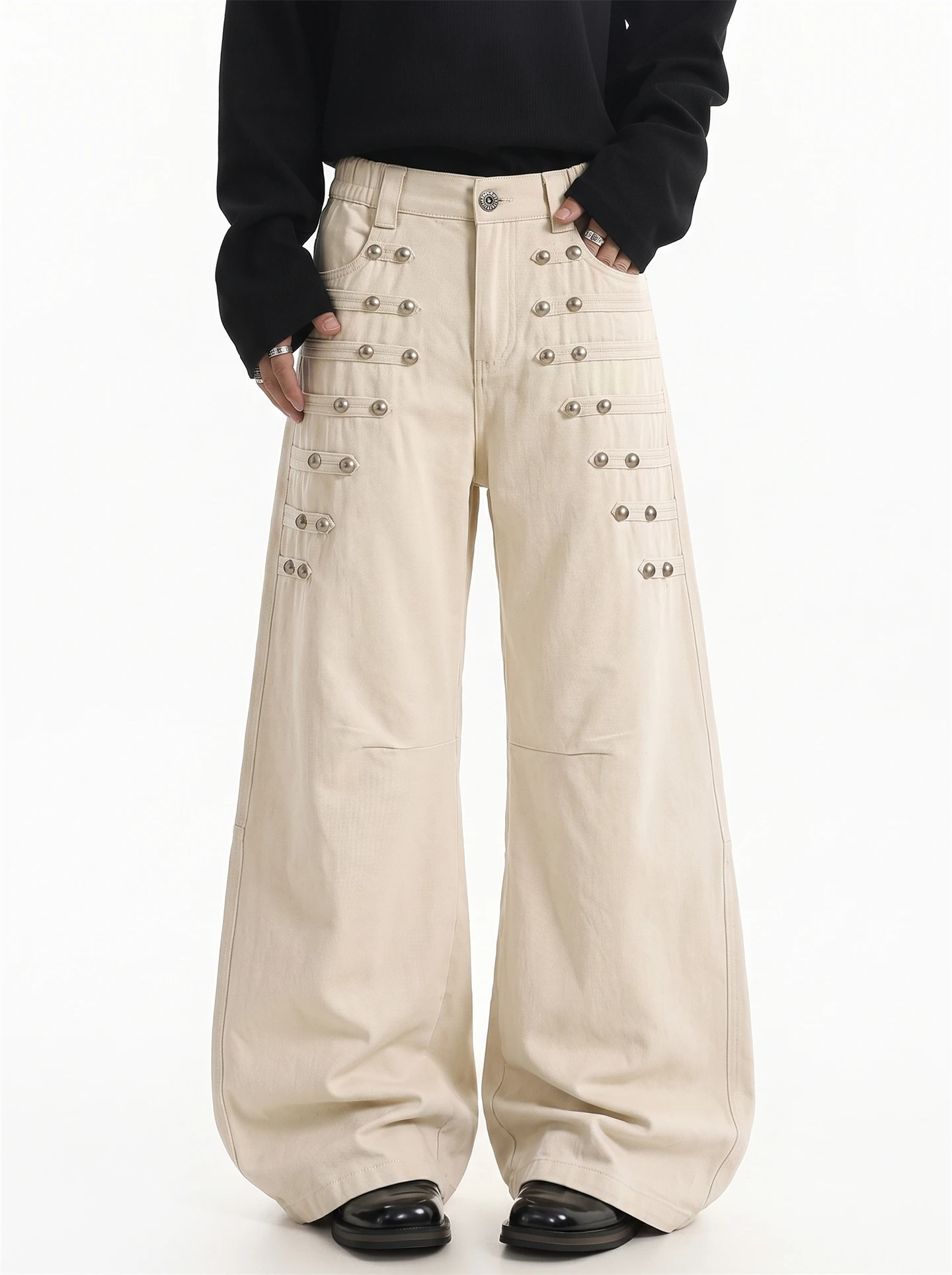 BETEBULE American Style Trendy Rivet Decorated Folded Jeans Men's Loose Cool Straight Leg Pants Autumn New Arrival