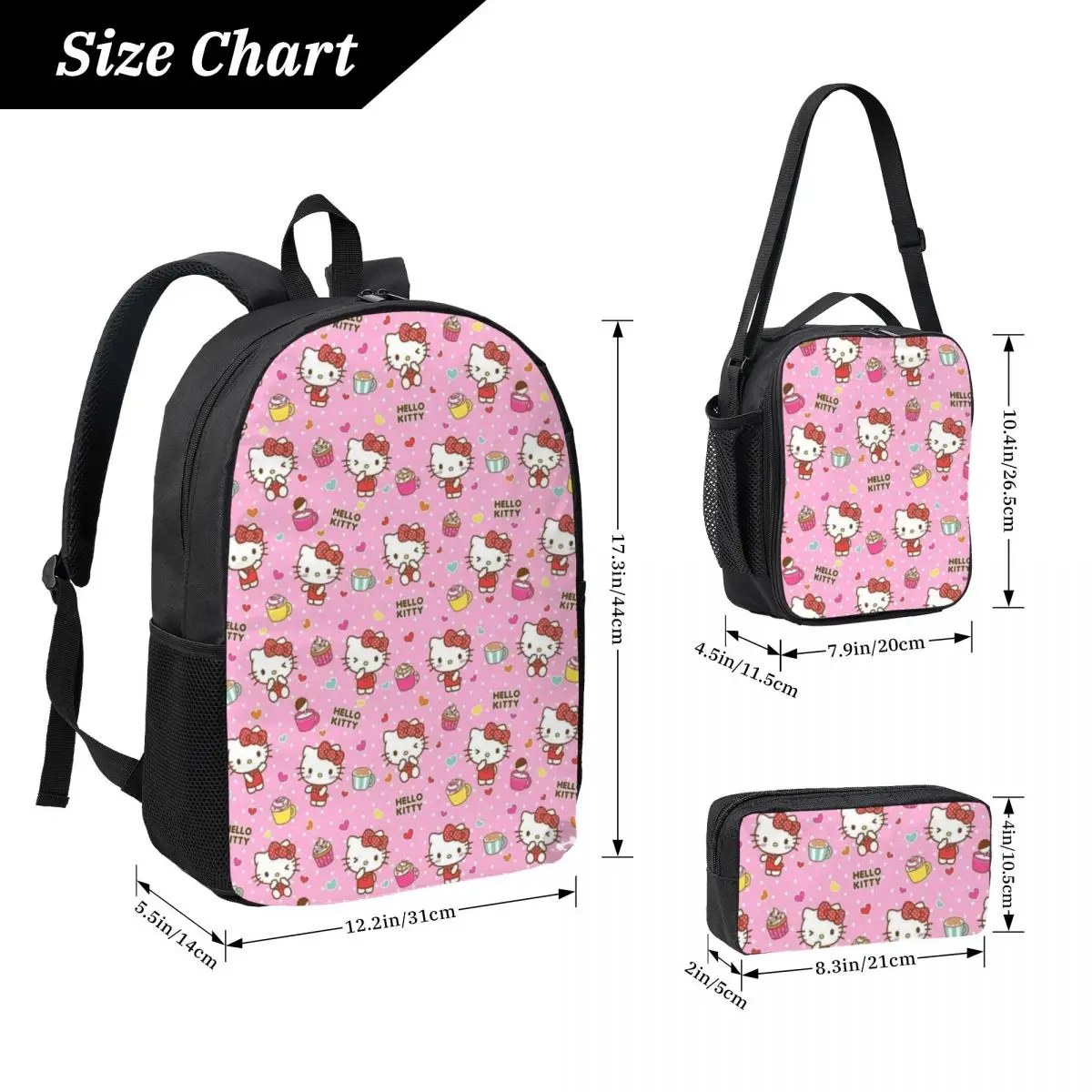 Ensemble de sac à dos et fourre-tout pour adolescents et adultes, sac à lunch, sac à crayons, spacieux, Hello Kitty, accessoires assortis, 17 po