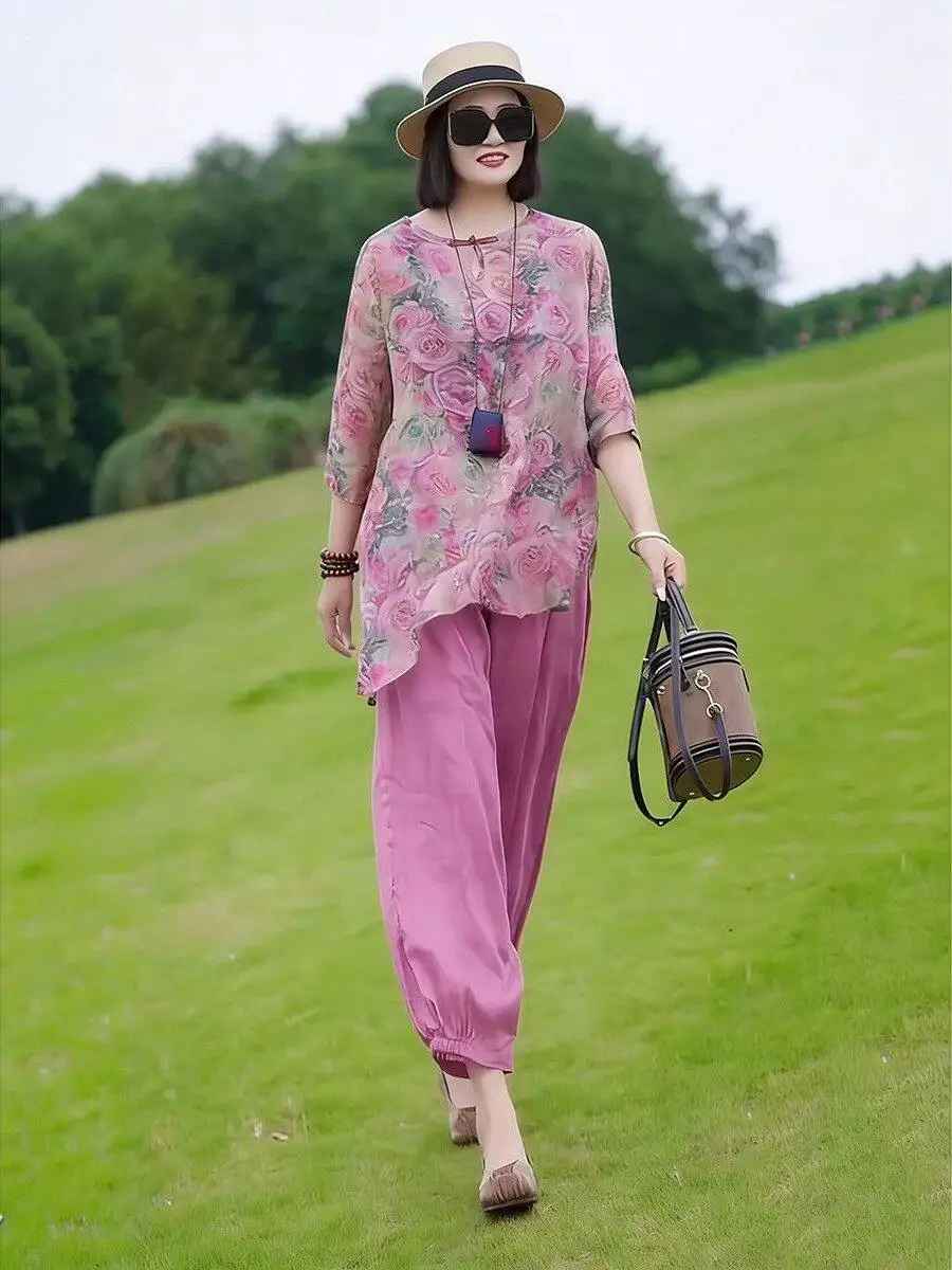 

Pink Fashion Set Women's Loose Casual Slimming Zen Style Spring Clothing Two-Piece Suit Polyester Fiber round Neck T-Shirt
