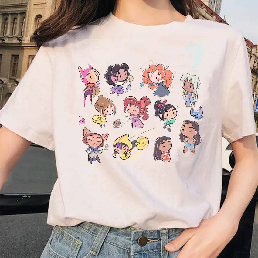 T-shirt graphique Disney Princess Cartoon pour hommes et femmes, chemisier d'été, manches courtes, blanc, col rond, haut, t-shir