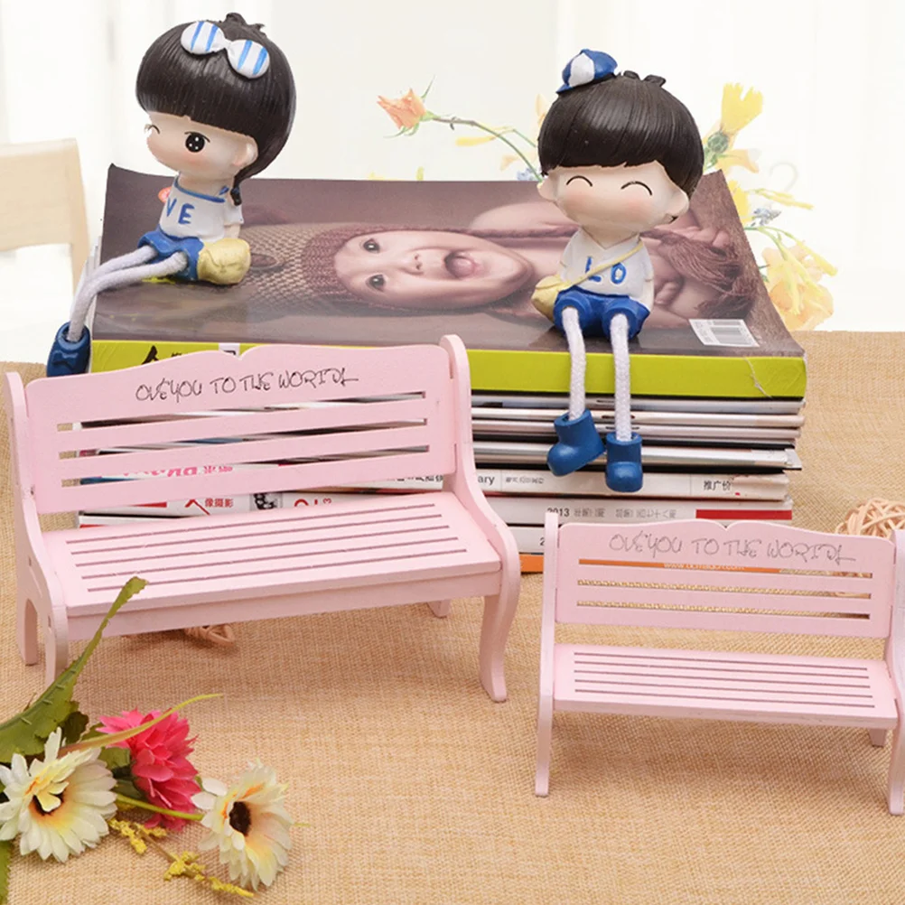1pc Mini Bench Pink Chair Prop For Dollhouse Miniature Furniture Garden Ornament Home Desktop Decor Wooden Micro Landscape