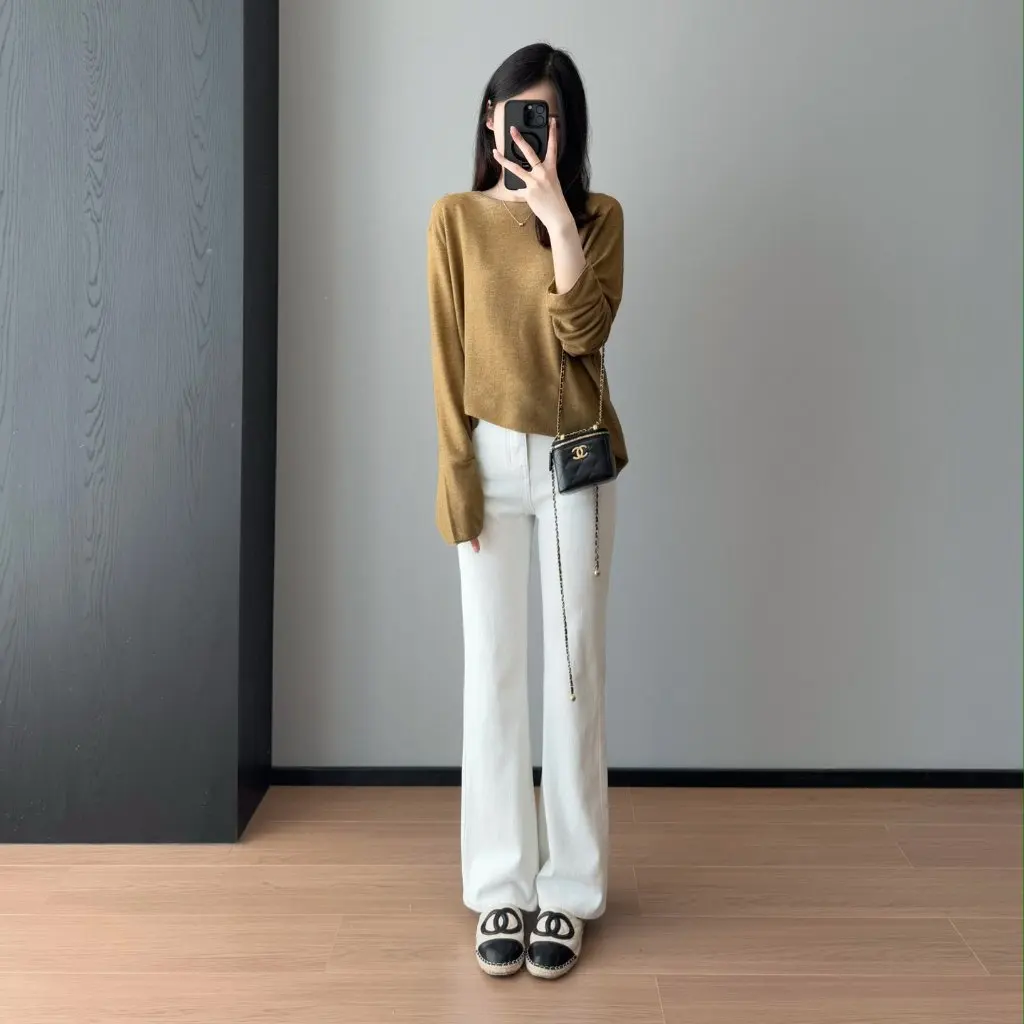 

Minimalist Style Long-Sleeved T-Shirt Soft Waxy Texture Loose Fit Slimming Look Knitted Nano Cotton Linen Top for Women