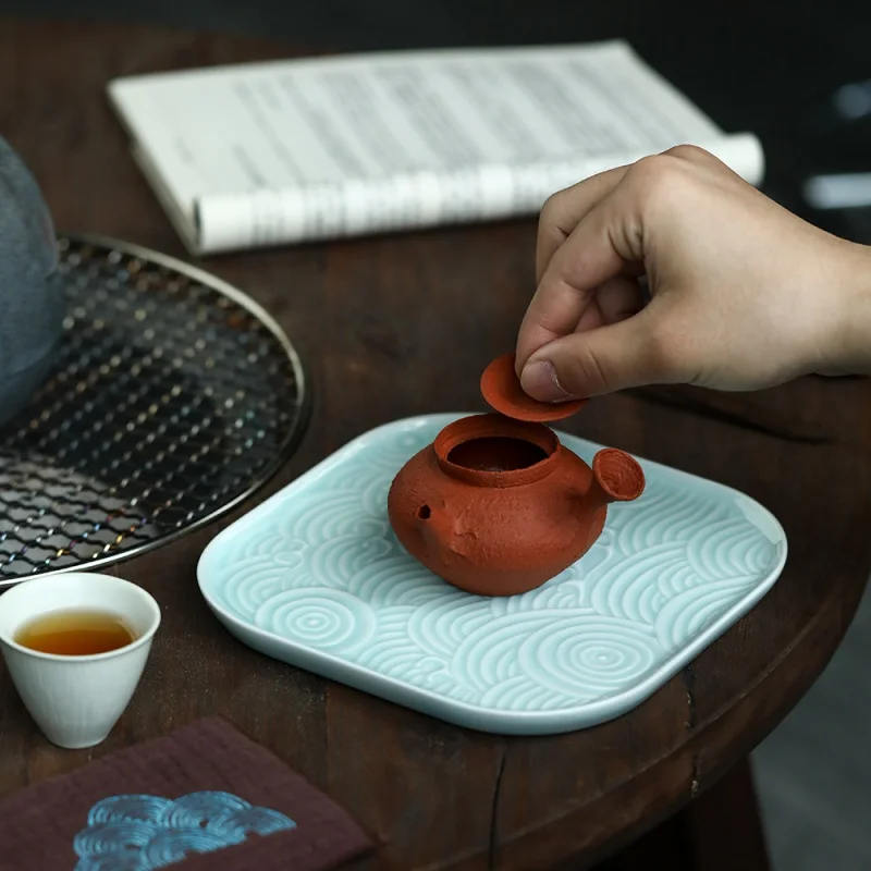 ★Jingdezhen Handmade Xiangyun Misty Blue Carving Tea Table Special Teapot and Saucer Pot Tray Kung Fu Tea Set 18.3cm