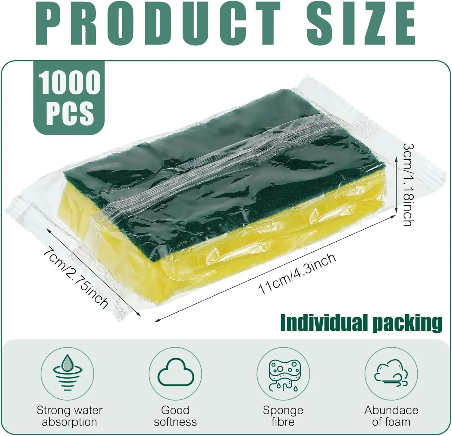 

1000 Pcs Individually Wrapped Sponge Dishwashing Sponge Bulk Non Scratch Scrub Sponges Kitchen Scouring Pad