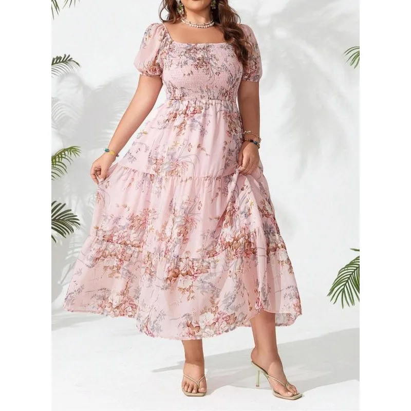 Minivestido de talla grande con estampado de volantes y mangas aleteadas para mujer, vestido informal con cuello cuadrado para vacaciones en la playa y vacaciones