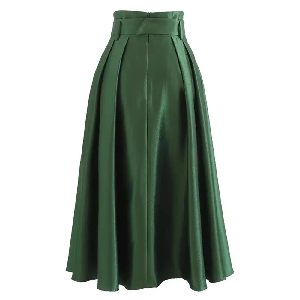 Vintage Französischer Dunkelgrüner Satin-Maxirock für Damen – Hochtaillierter, Gürtelbesetzter Schlagrock – Modische Party-, Hochzeits- und Abendröcke 2026 – Detail 1