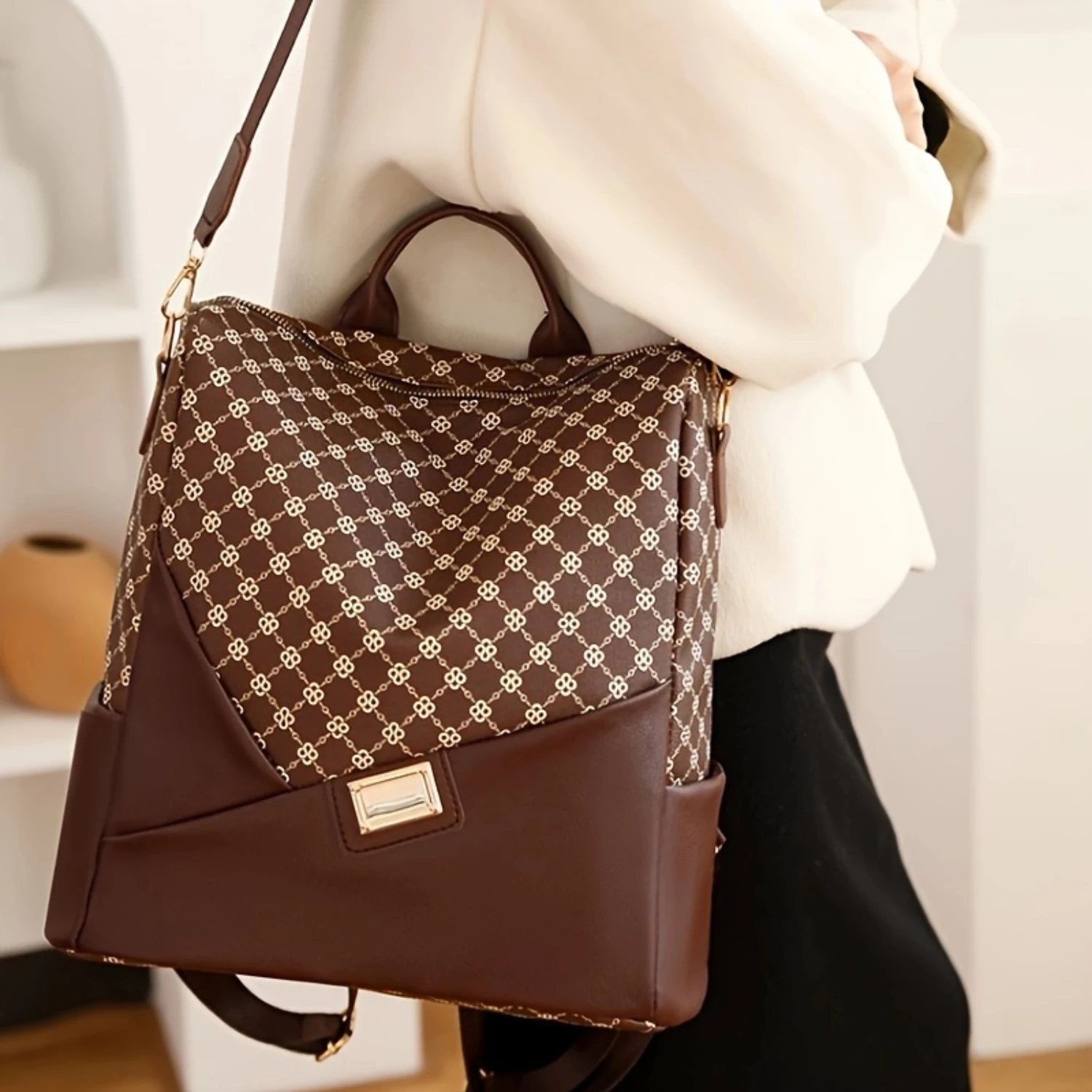 

Retro PU Leather Backpack Purse, Geometric Pattern Daypack, Casual Two-way Shoulder Bag, Fashion Travel Schoolbag