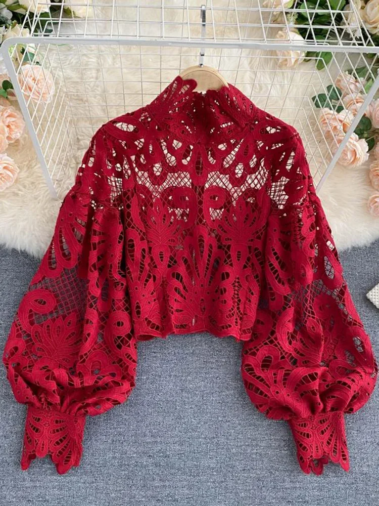 Spring Autumn New Fashion Blouse Female Hollow Lantern Sleeve Temperament Party Stand-up Collar Slim Short Lace Shirt Tops C342