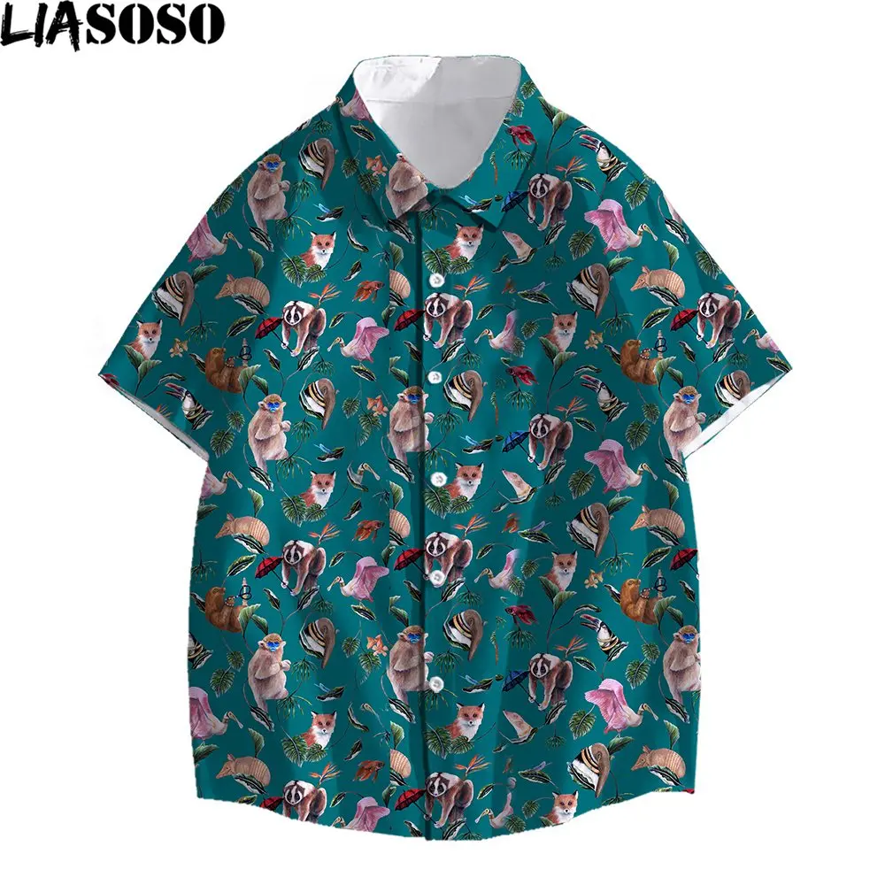 Liasos 3D Print Strand Surfen Hawaiian Shirt Mannen Vrouwen Gouden Aap Flamingo Bloemen Mode Verse Outdoor Casual Nieuwe Shirts Top