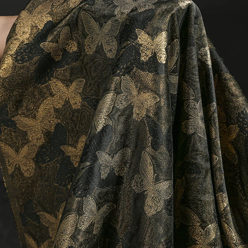 50cm Black Base Gold Thread Butterfly Jacquard Chinese Style Fabric Retro Gilded Cloth for Coat Dress Formal Garment DIY Sewing