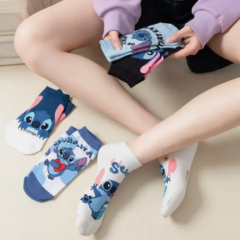 5pairs Stitch Adult Short Sock Cartoon Women Socks Free Size Low Tube Soft Breathable Female Cute Cotton Stockings Birthday Gift