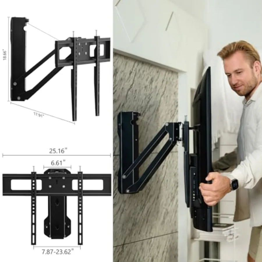 حامل تلفزيون على الحائط بمدفأة بمحرك لشاشات 32 إلى 75 بوصة حتى 88 رطلاً مع ميزة منسدل قابلة للتعديل للارتفاع مثالية ليفين