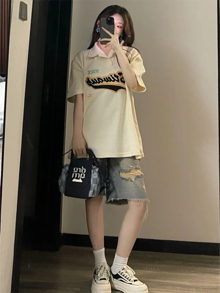 Jeans Donna Dolce Studenti Lunghezza al ginocchio Denim strappato allentato Giovane semplice stile retrò americano Chic Distressed Harajuku High Street