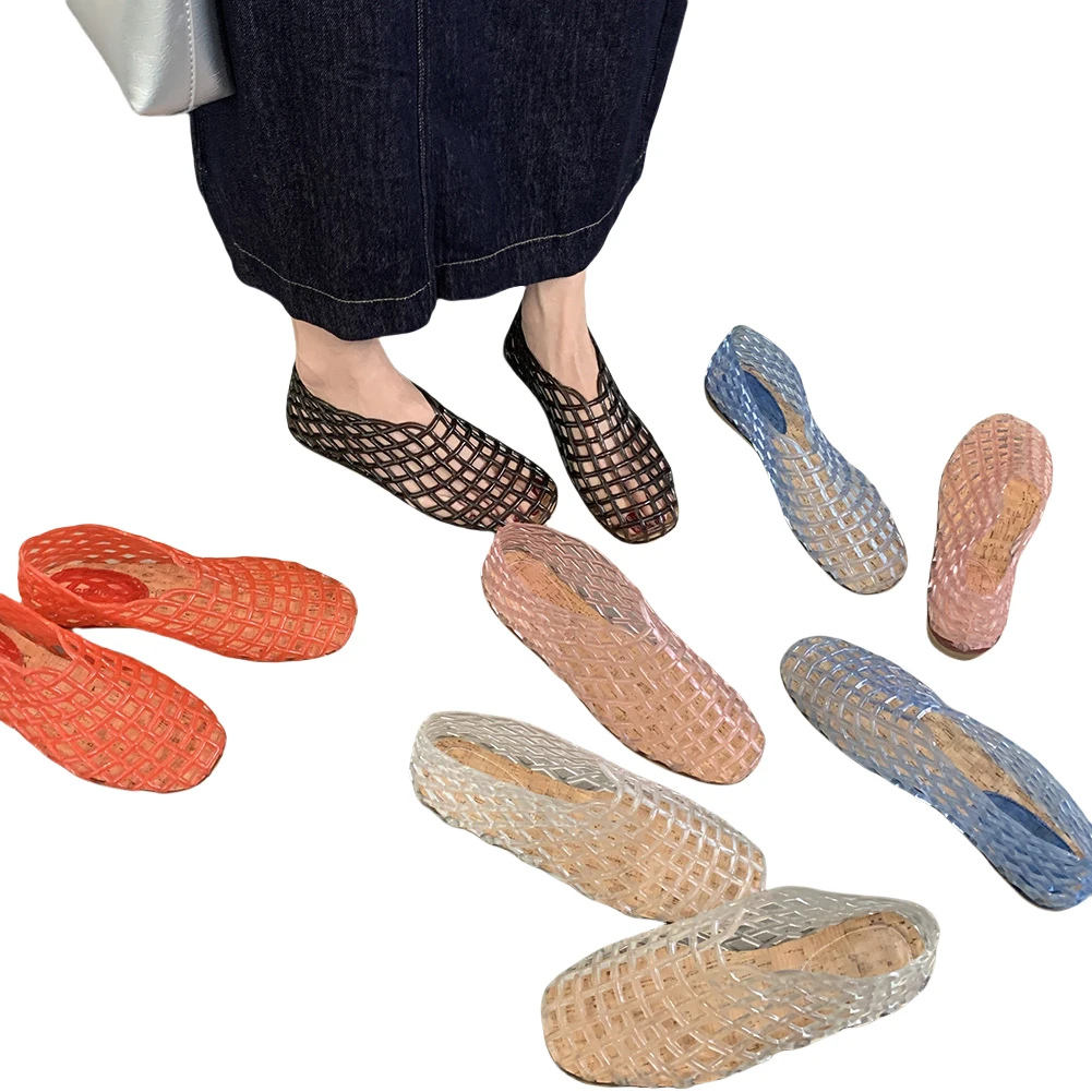 Women Jelly Flats Mesh Ballet Flats Square Toe Hollow Out Ballet Flats Lightweight Beach Jelly Shoes Breathable for Summer Beach image 2