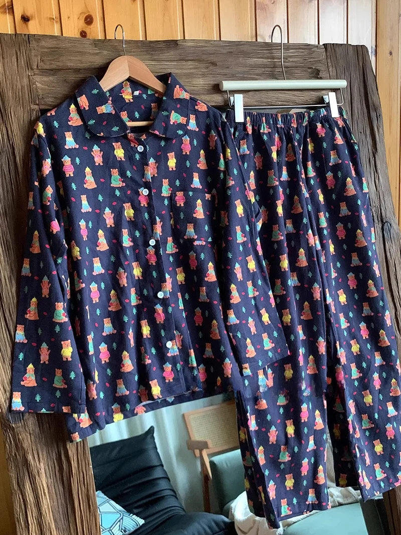 Cotton Pajamas Couples Long Sleeve Long Pants Home Clothes Set for Men And Women Spring Autumn Cute Cartoon Bear Design