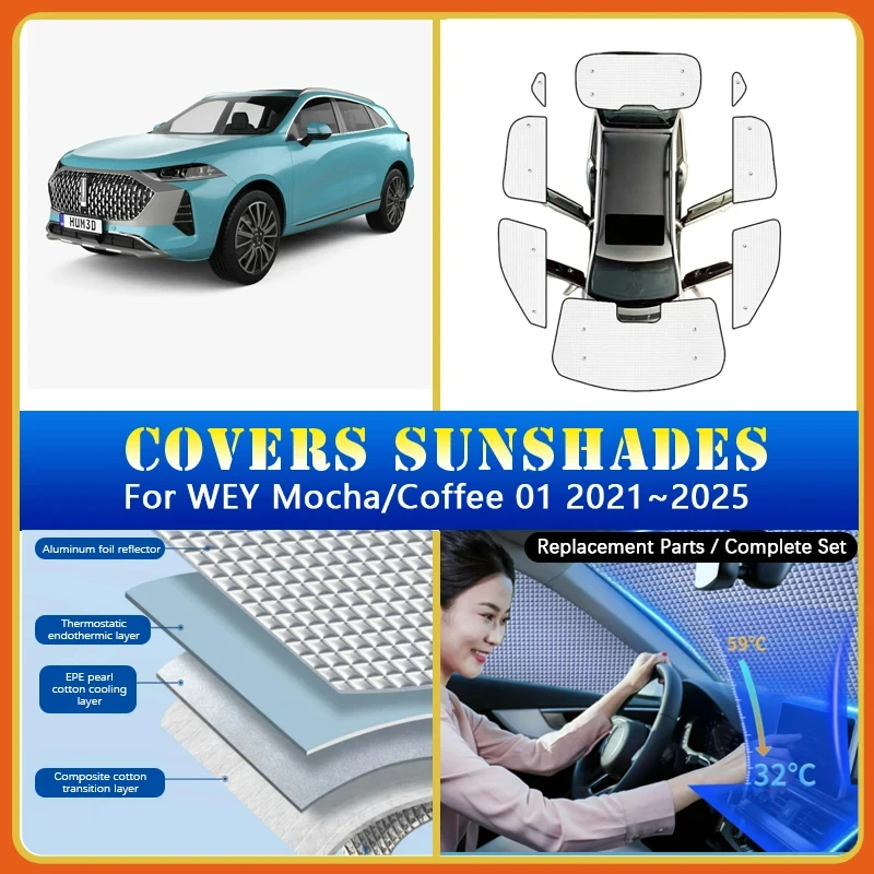 

Car Full Coverage Sunshades For WEY Mocha Coffee 01 PHEV 2021~2025 Sun Protection Sunscreen Window Sunshades Covers Accessories