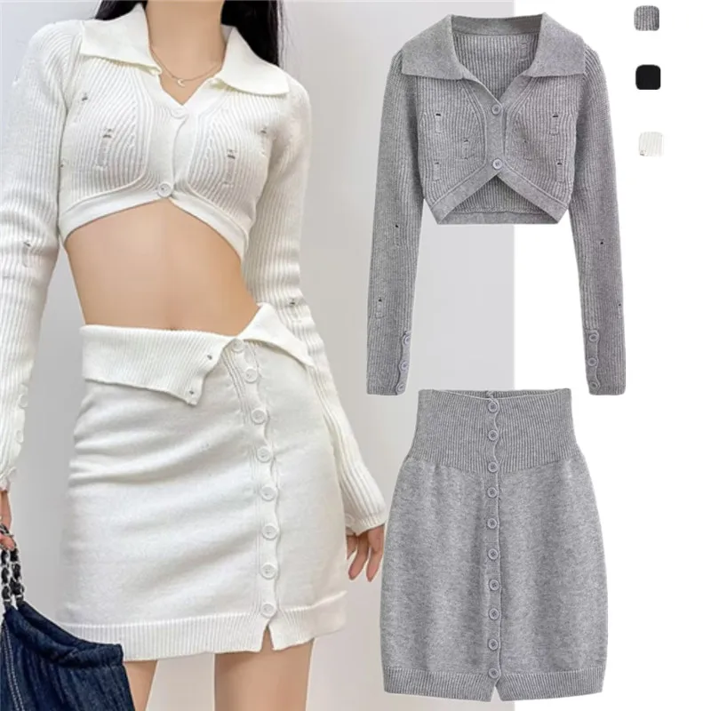

Spicy Knitted Set High Waist f Skirt Trendy Faion Spring 2023 Pure Desired Warmth Collared Asymmetrical Hem Hot Chi