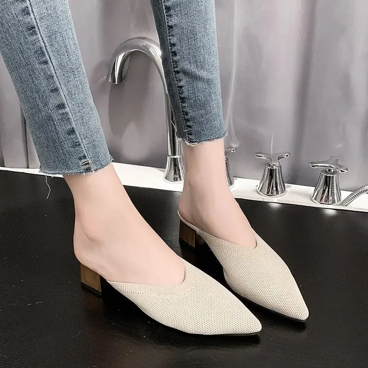 Knitted Elastic Mesh Pointed Toe Slippers Women New Summer Shoes Fashion Shallow Mid Heel Female Shoes Square Heel Mules