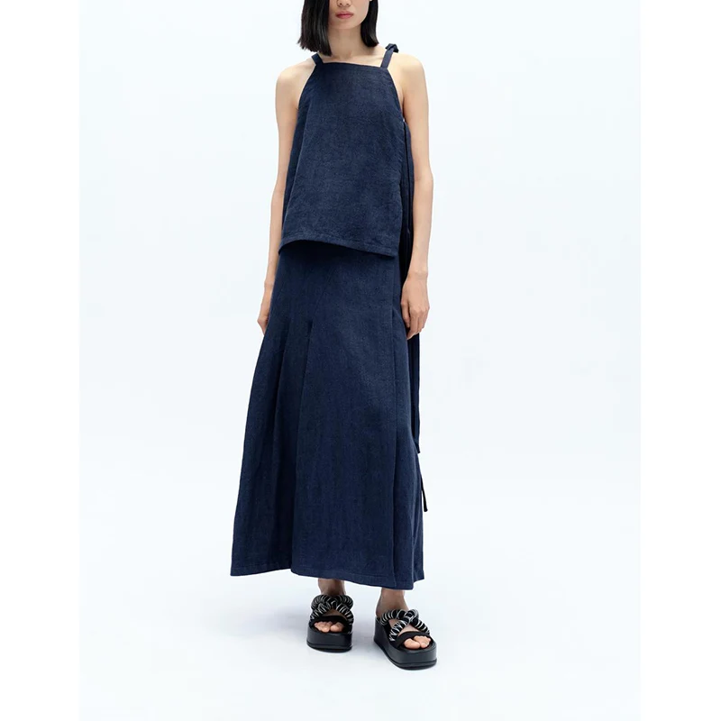 

Льняной топ с прямым воротником и украшением в виде узла 279400, юбка-клетка со средней талией 279000, модный женский комплект