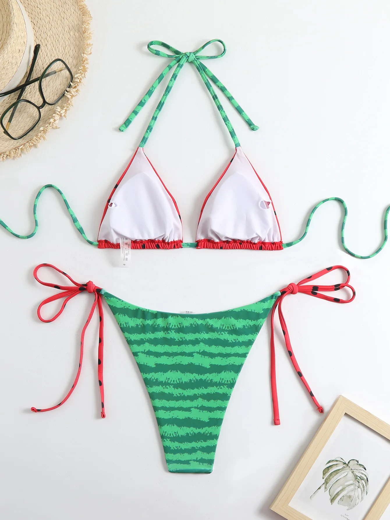 Women Printed Halter Bikini Set Watermelon Pattern Triangle Swimsuit Tie Side Bottom Back Tie Up Pool Swimwear view 6