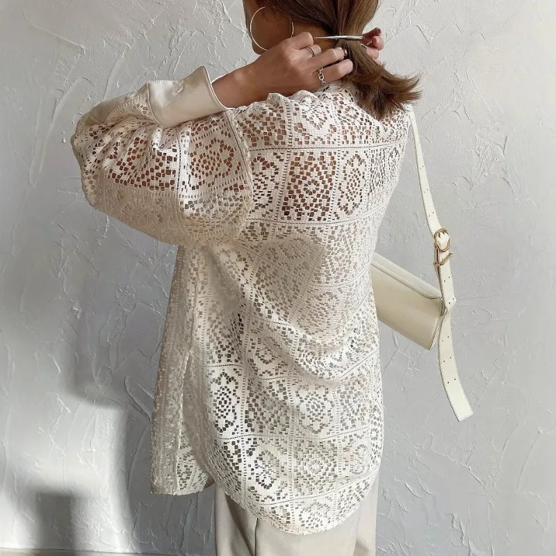 

Korean Version of Autumn Women's Hollow Lace Cardigan Jacket Loose Casual Lace Shirt Long Sleeve