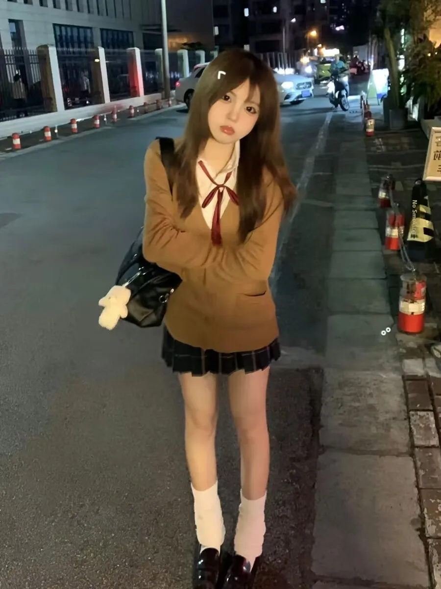 

Pure Color Versatile JK Uniform Student V-Neck Knitted Open Cardigan Cute Soft Girl Long Sleeve Sweater Open Cardigan College...