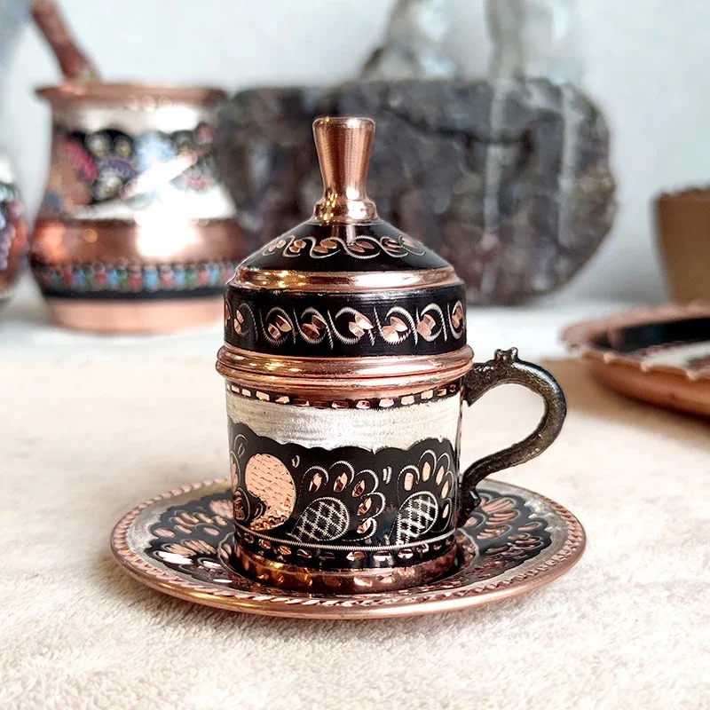 

All handmade copper coffee cup, black copper engraved European court style with saucer, Italian concentrated cup