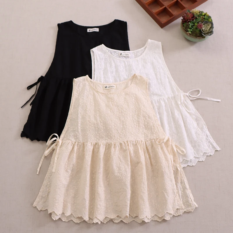 

Japanese Sweet Mori Girl Embroidery Sleeveless Blouse Women Summer O-neck Solid Color Vintage Loose Vest Tank Tops