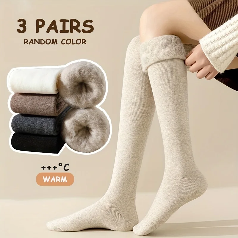 3 pairs of women's warm knee high socks, winter looped fleece thick leg protection socks, suitable for wearing in cold weather
