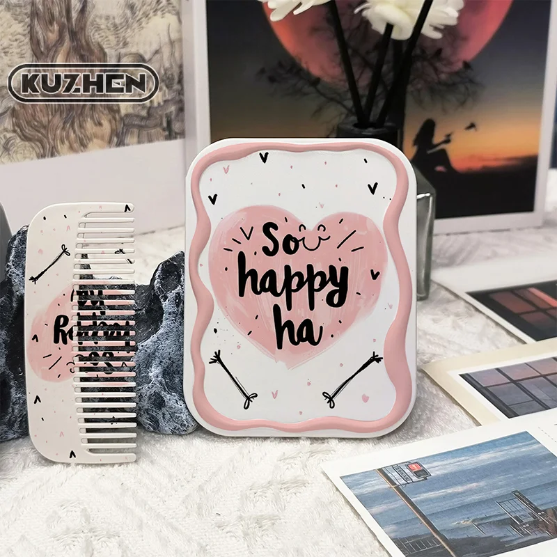 Cartoon Love Pattern Flip-Top Folding Makeup Mirror Portable Pocket Mirror Rectangle Cosmetic Mirror With Comb For Women Girl