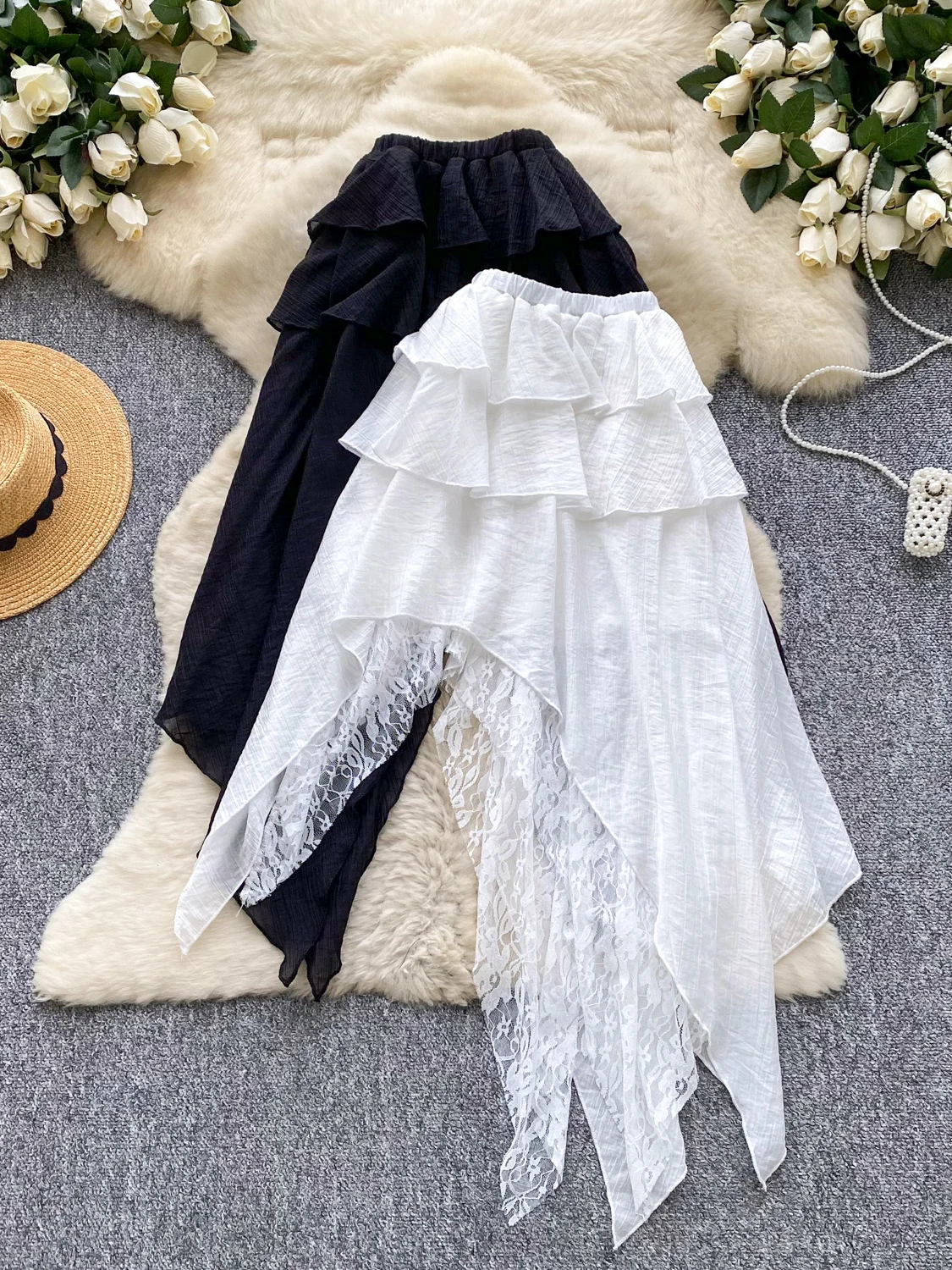 Hohe Taille Spitzenbesatz f Rock Feenrock Damen Herbst Faion Design Einzigartige asymmetrische Spitze Spleißen Ci Pendeln