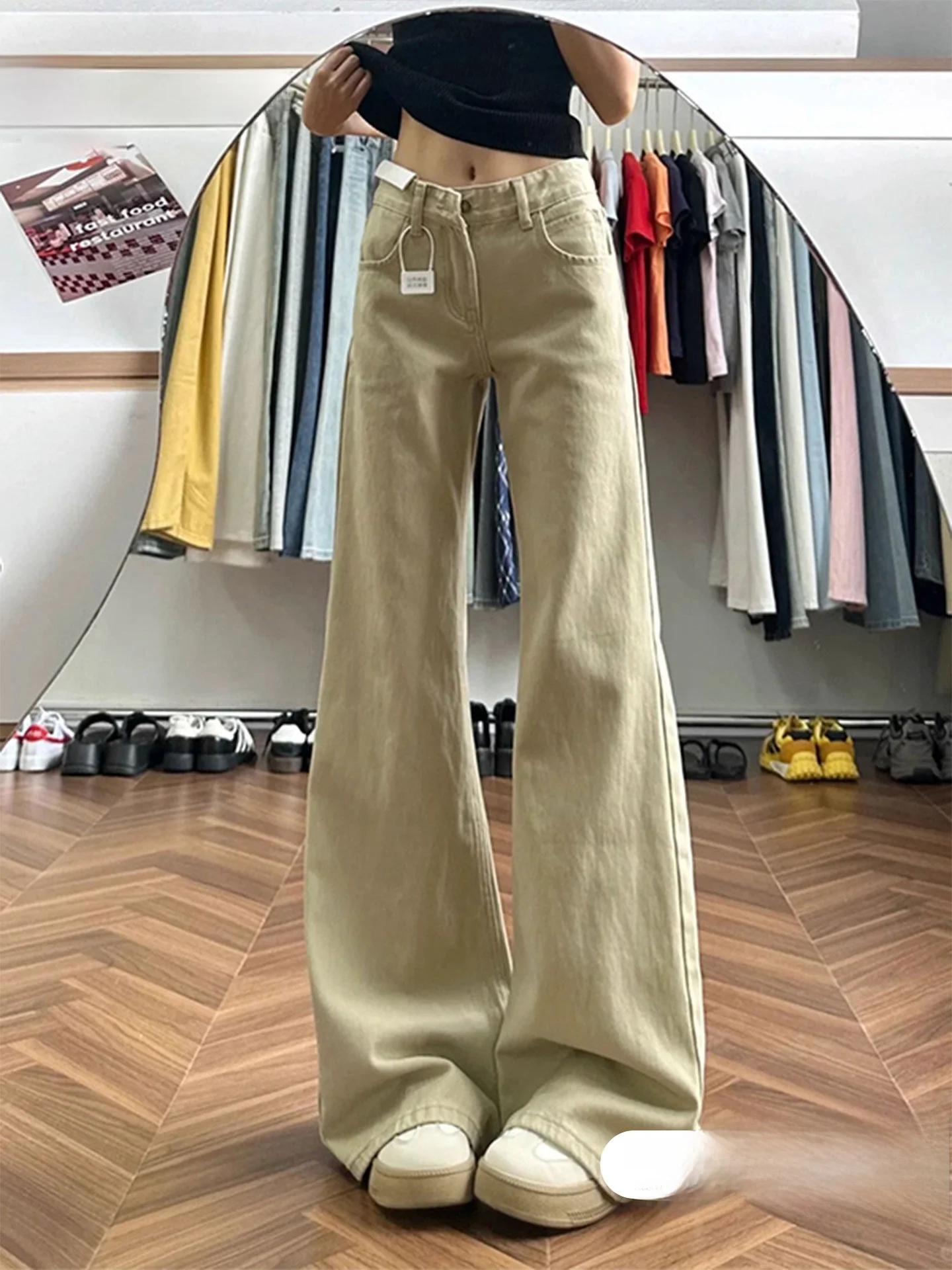 

Washed Khaki Wide Leg Jeans Women's Retro American Style Summer New Lazy Fashion Slimming Denim Pants High Waist Straight Tube