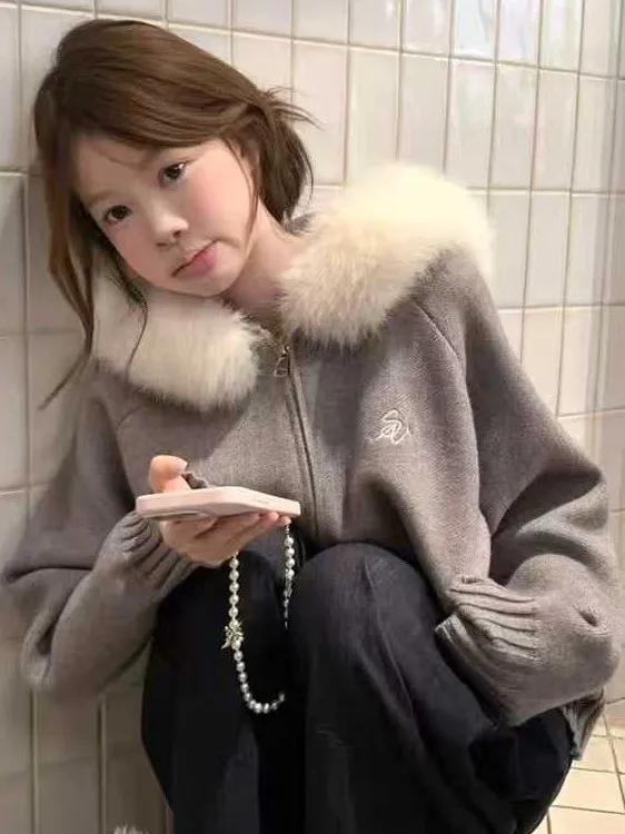 Soft Cozy Lazy Sle Women's Knitted Jaet Coat with Fur Collar Casual All-Match Open Cardigan Sweater for Autumn Winter