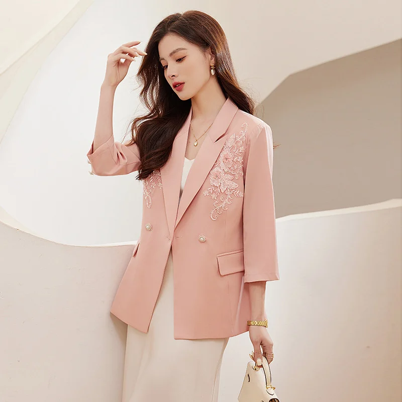 

2025 Pink Black White Women Blazer Ladies Mid Sleeve Single Button Suit Jacket Female Slim Casual Jacket Spring Summer Outerwear