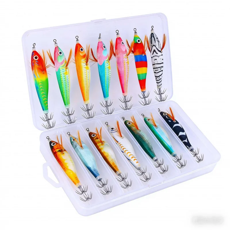 

Luminous Wood Shrimp14pcs 9.5CM 9GBoxed High Transparency Lure Bait Sea Fishing Squid Hook for Cuttlefish and Mackerel