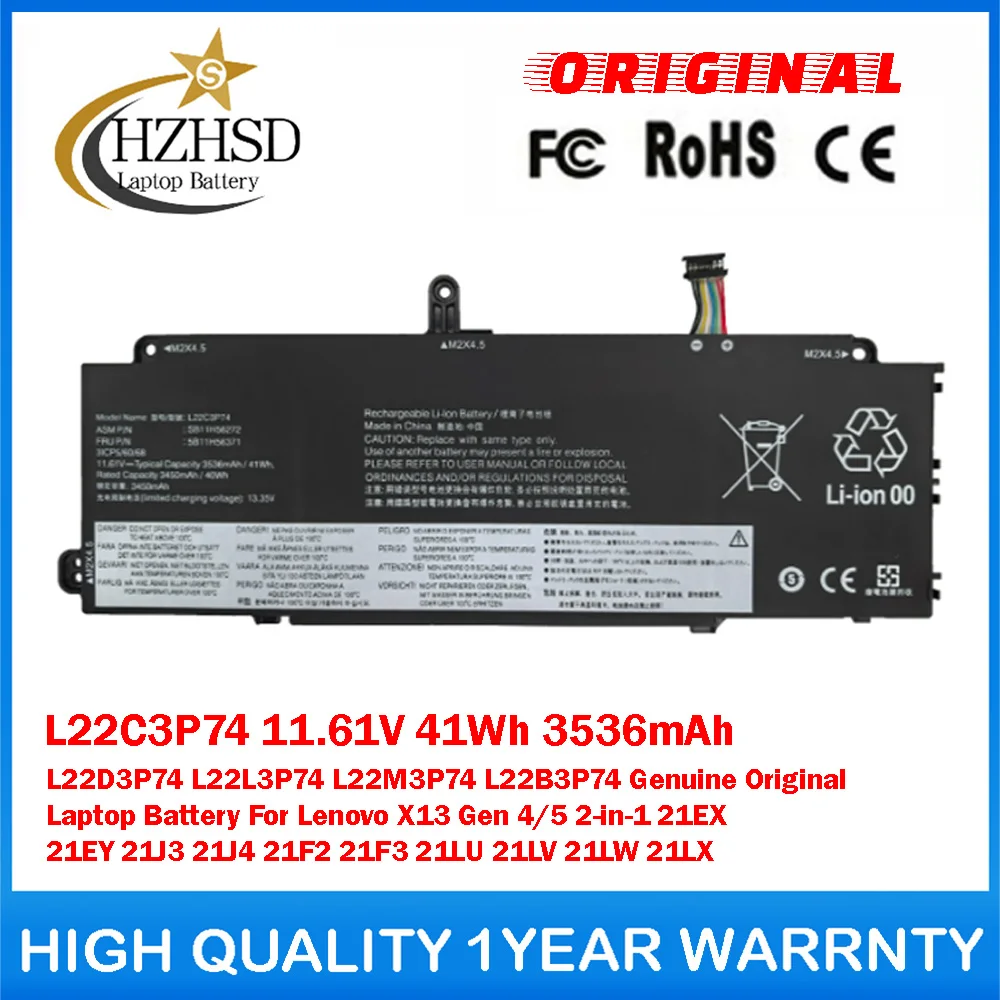 L22C3P74 11.61V 41Wh 3536mAh L22D3P74/L3P74/M3P74/B3P74 Genuine Original Laptop Battery For Lenovo X13 Gen 4/5 2-in-1 21EX 21EY