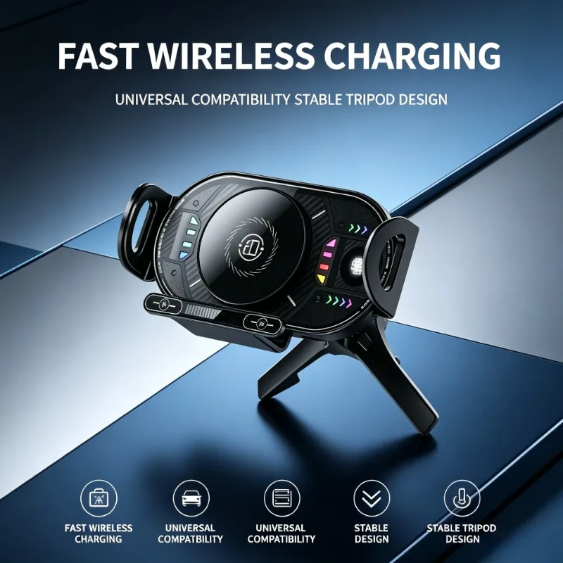 Wireless Charging Car Phone Holder Stable Tripod Design Universal Compatibility RGB Light Dashboard For iPhone Android Mount Use