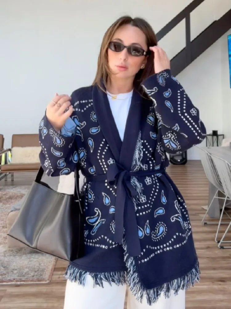 

Stylish Retro Shawl Cardigan Tassel Print Female Outerwear Trendy Casual Chic Elegant Designer Fall Women's Clothing
