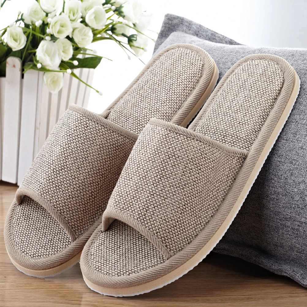 

2pcs 2 Pairs 26Cm Anti-Slip Eva Slippers Lightweight Waterproof Summer Home Cotton Linen Bath Slippers For Hotel Guest Use Beige