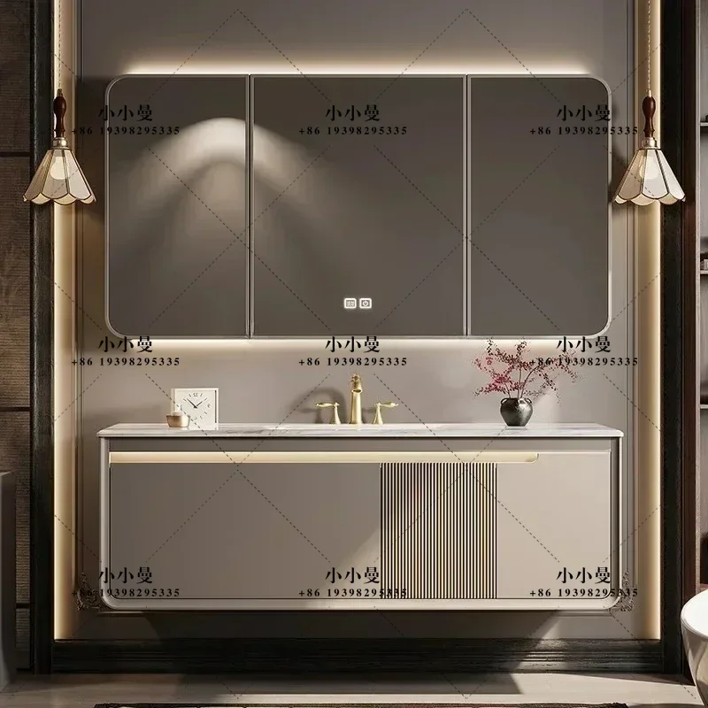 Hot sales French retro luxury stone bathroom cabinet combination bathroom rock slab hot bending integrated basin face cabinet