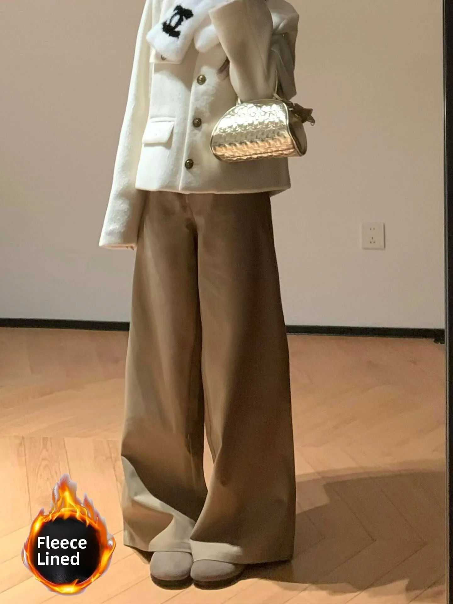 

Американские прямые джинсы цвета хаки с высокой талией и подкладкой длиной до пола, женские осенне-зимние утягивающие длинные брюки