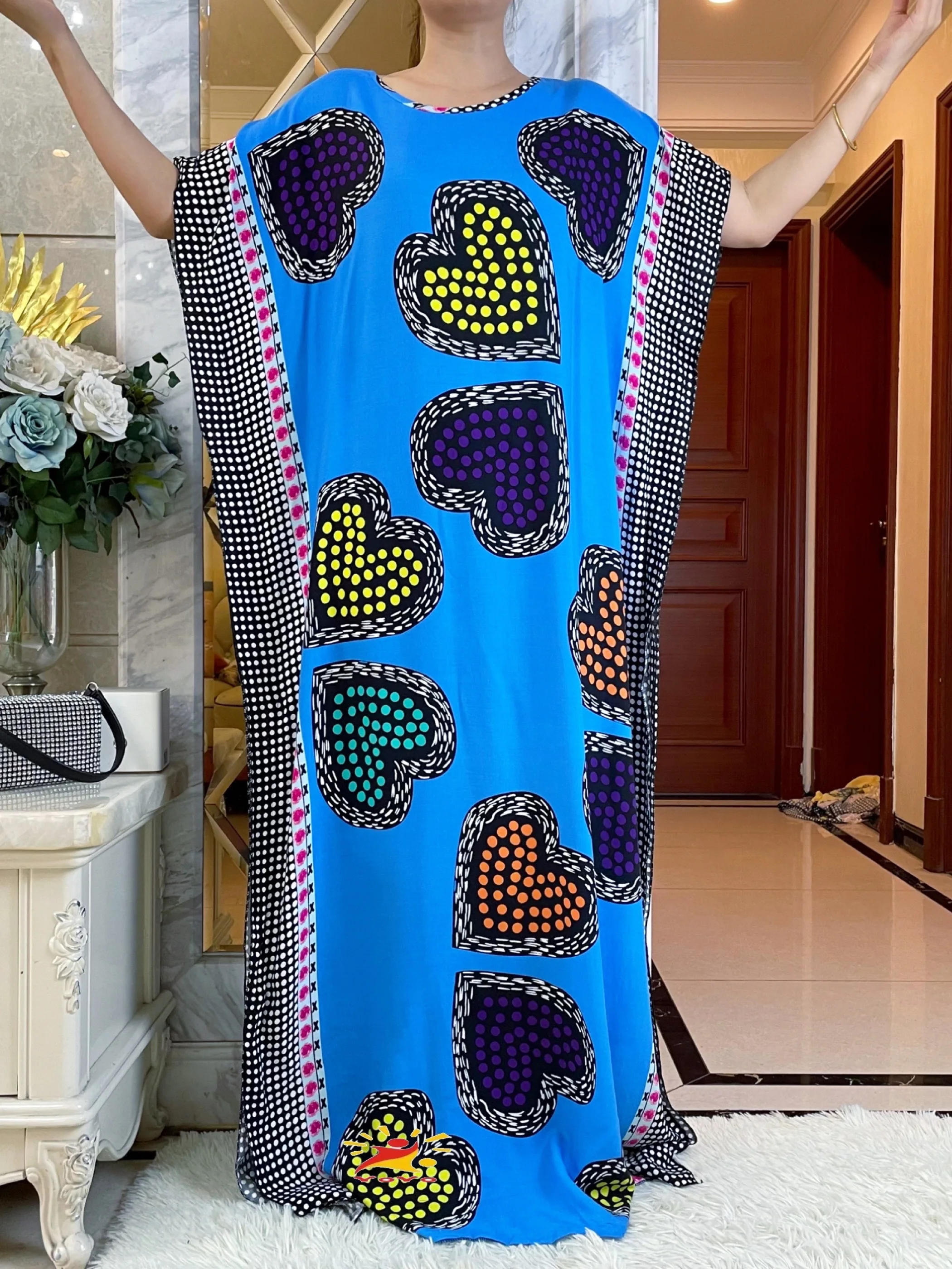 2023 Summer African Lady Dress With Big Lace Scarf   Cotton Printing  Loose Floral Boubou Maxi Islam Women  Short Sleeve Abaya