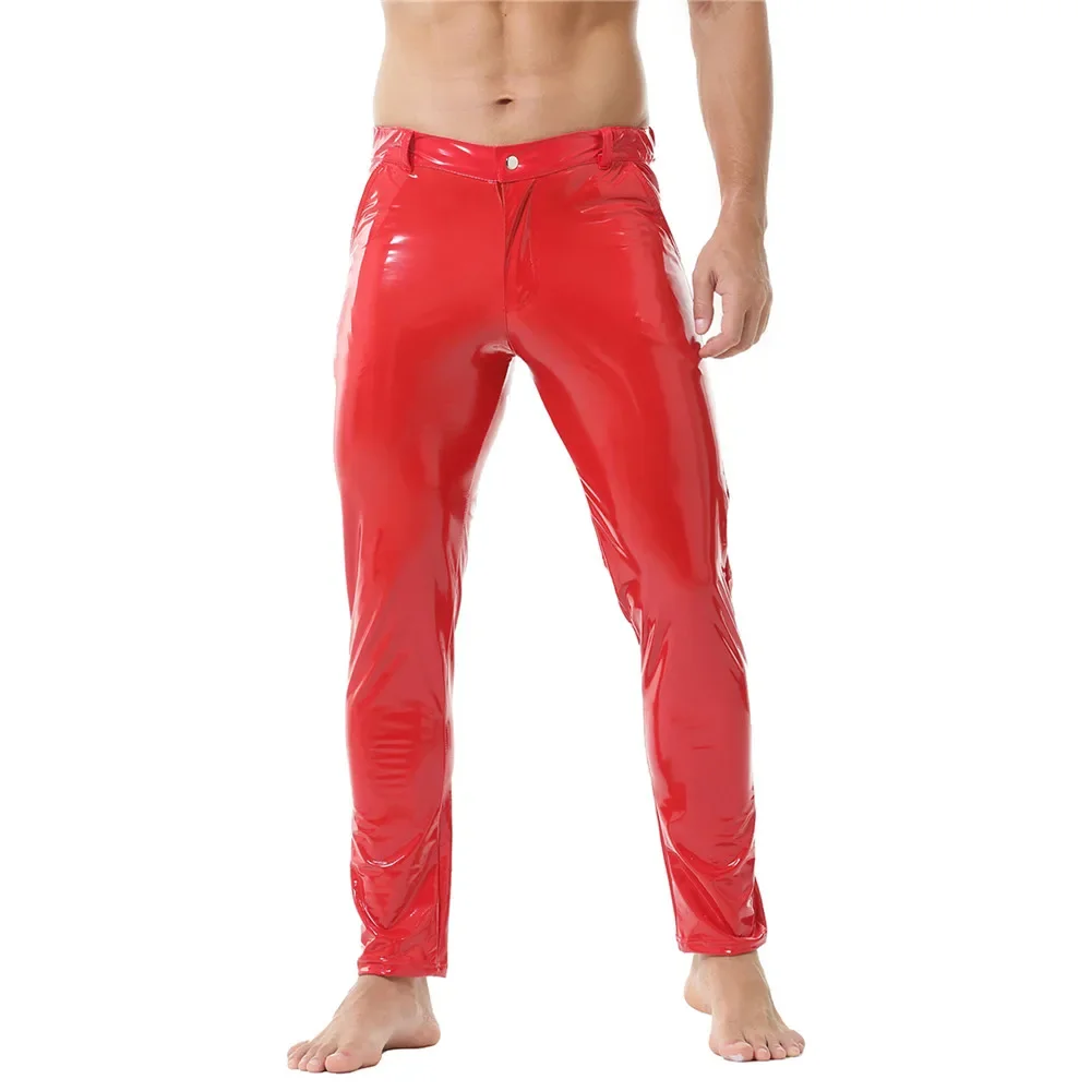 Wet Look Faux Latex Men Trouser Glossy PU Leather Pencil Pant Tights Mens Clubwear Stage Performance Costume Motorcycle Leggings